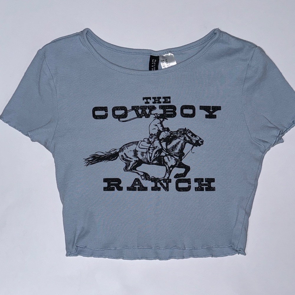 Forever 21 Western Cowboy Cropped Tee in Light Blue Size XS